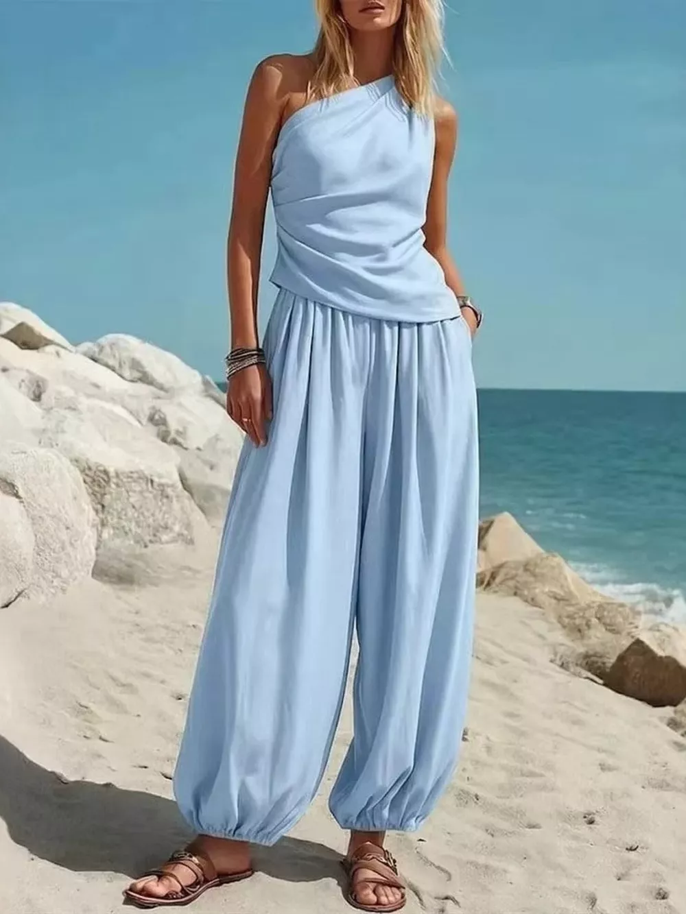 Full Size One-Shoulder Sleeveless Top and Harem Pants Set Plus Size, image 7