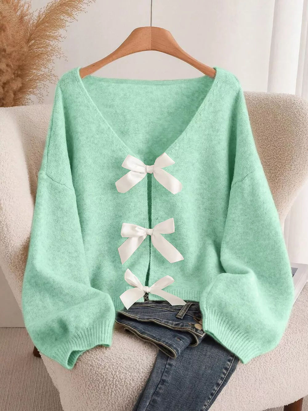 Bow-knot Front V-Neck Knit Cardigan, image 8