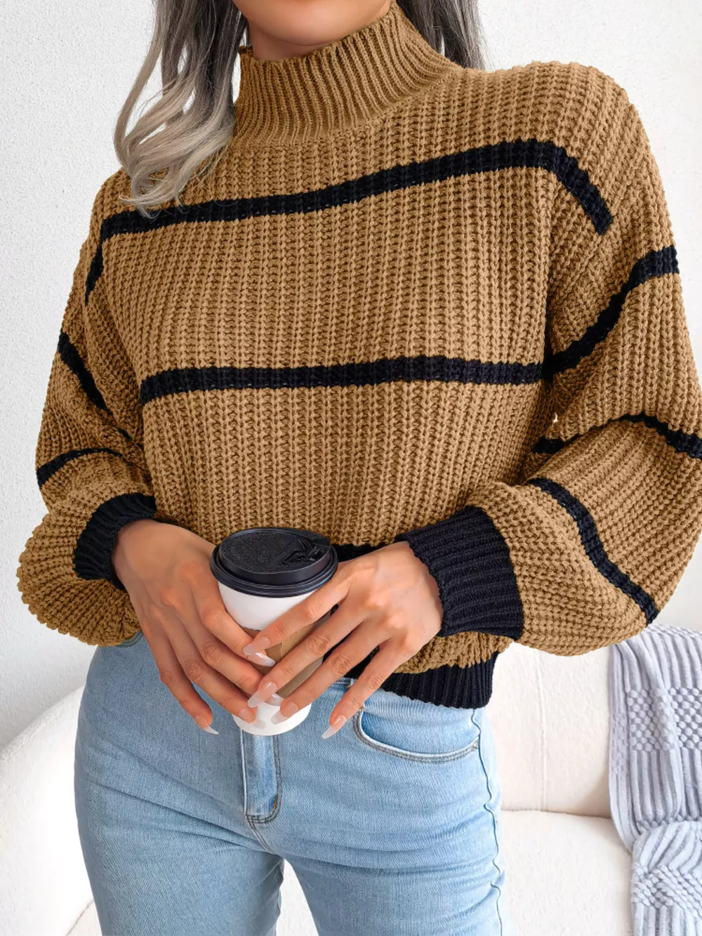 Striped Mock Neck Knit Sweater, image 8