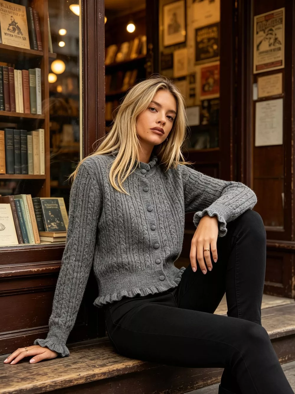 Cable-Knit Ruffle-Trim Cardigan, image 11
