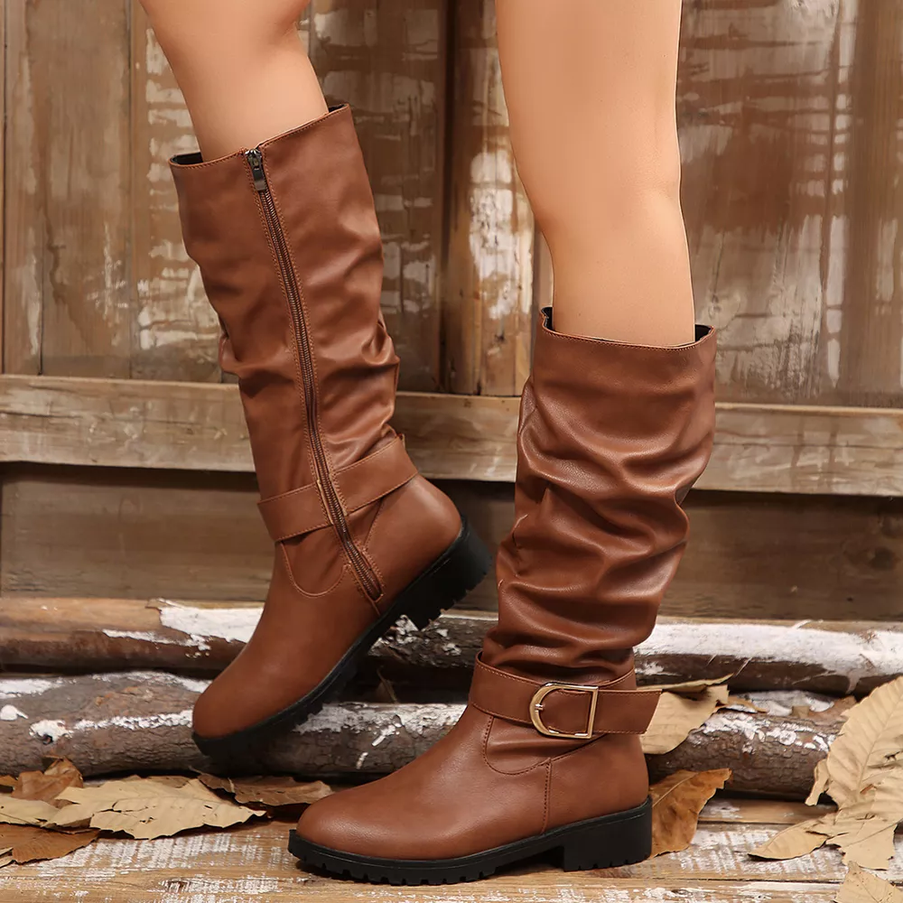Slouchy Mid-Calf Boots with Buckle Detail, image 4