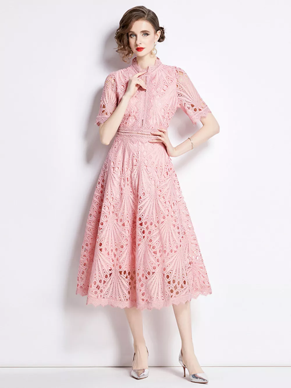 Full Size Lace Short Sleeve Midi Dress Plus Size, image 10