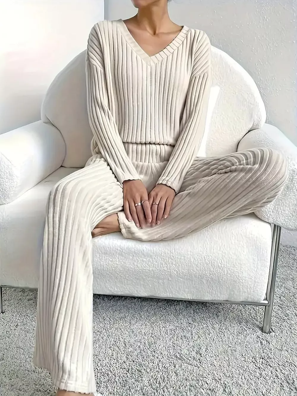 Ribbed Knit V-Neck Top and Pants Set, image 6