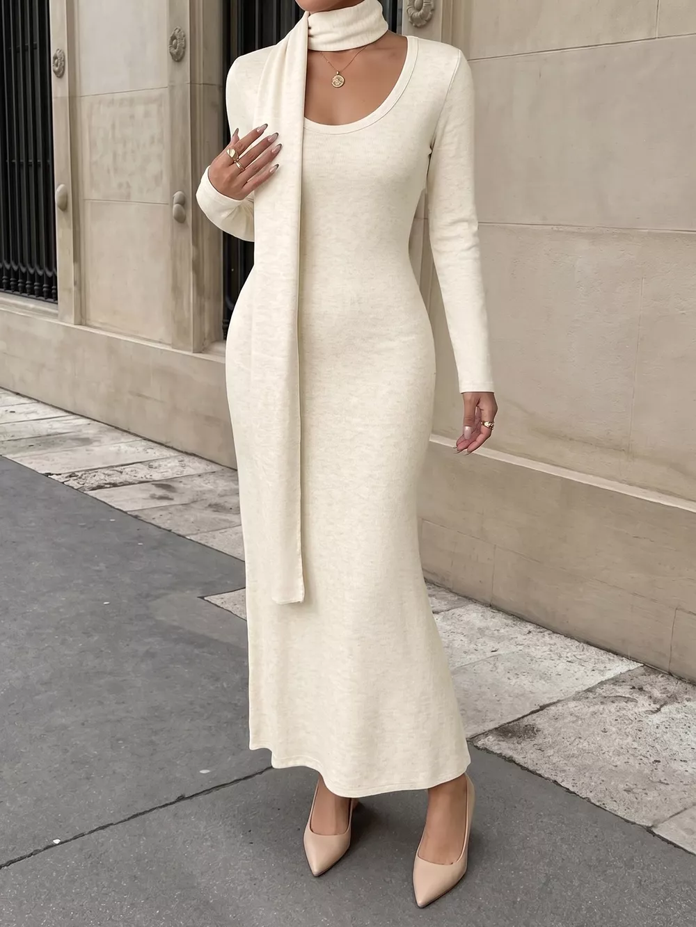 Round Neck Maxi Knit Dress with Matching Scarf, image 3