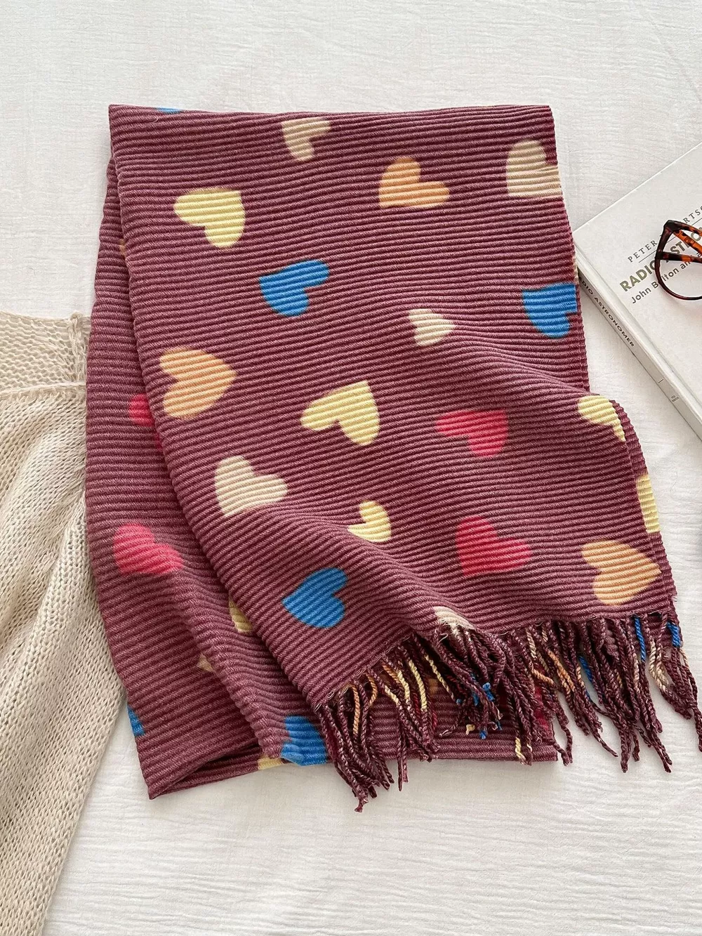 Heart Patterned Tassel Scarf, image 12