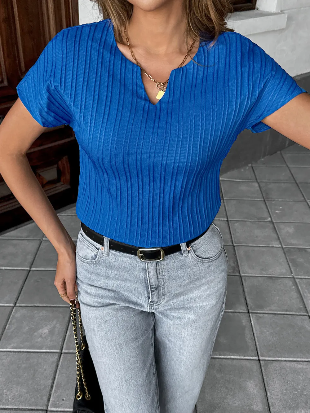 Textured Notched Short Sleeve Blouse, image 3