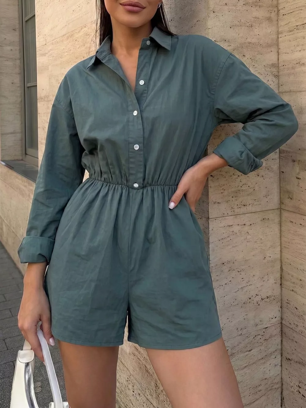Button Front Long Sleeve Romper, image 2
