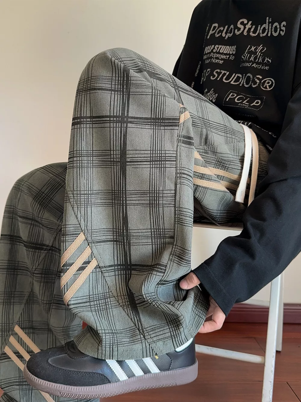 Men's Plaid Wide-Leg Pants with Side Stripes, image 4