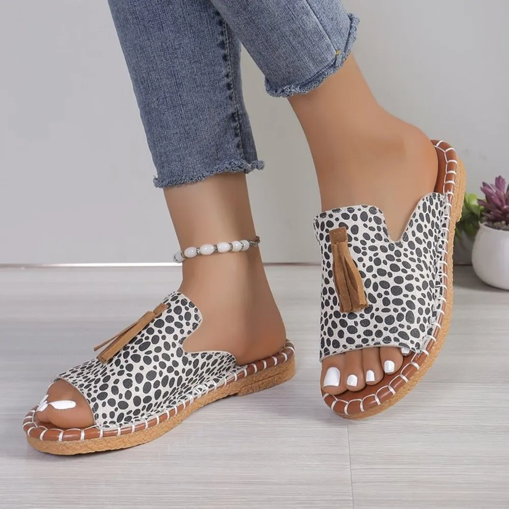 Leopard Print Tassel Flat Sandals, image 10