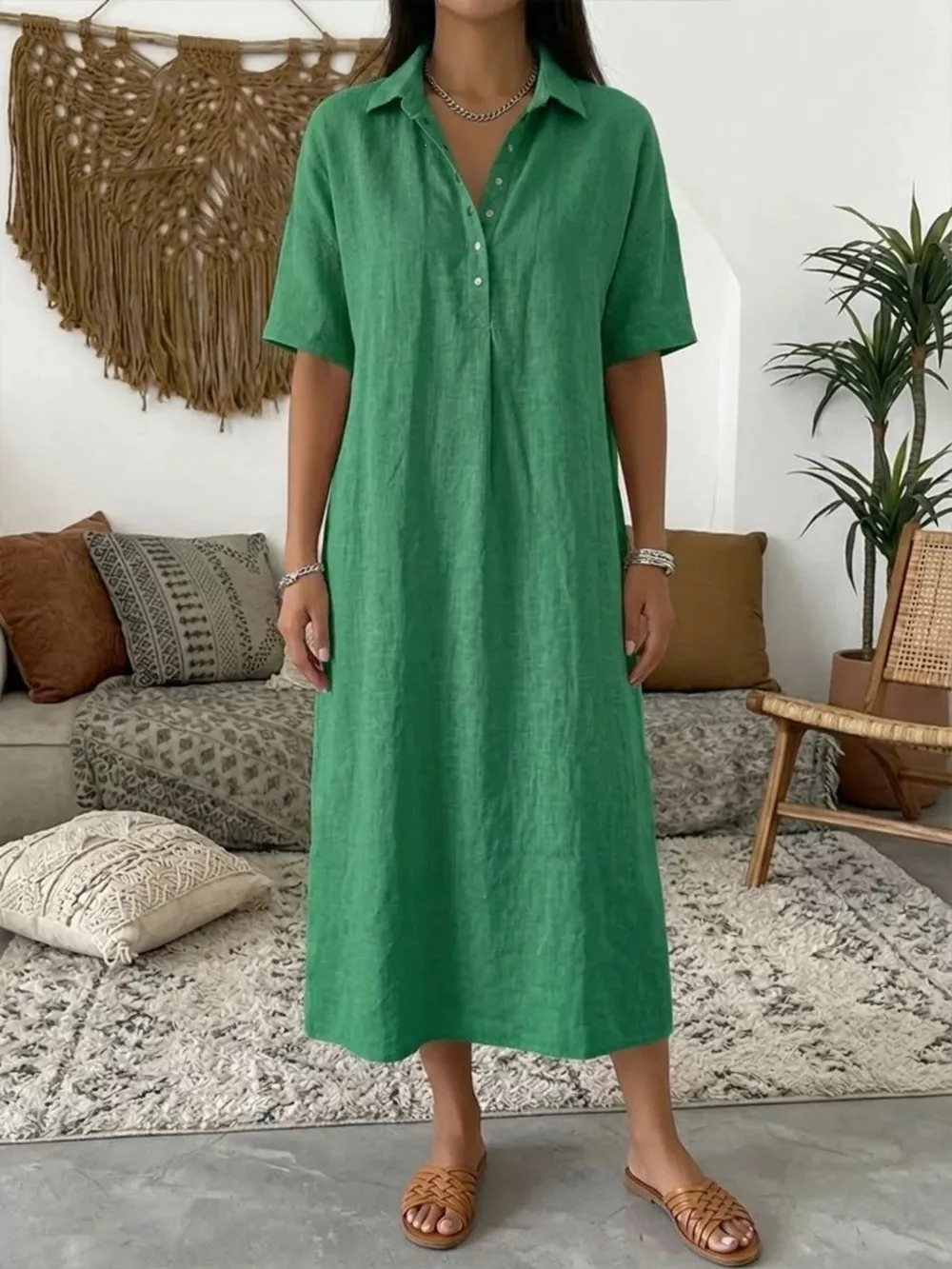 Full Size Button Detail Short Sleeve Midi Shirt Dress Plus Size, image 3
