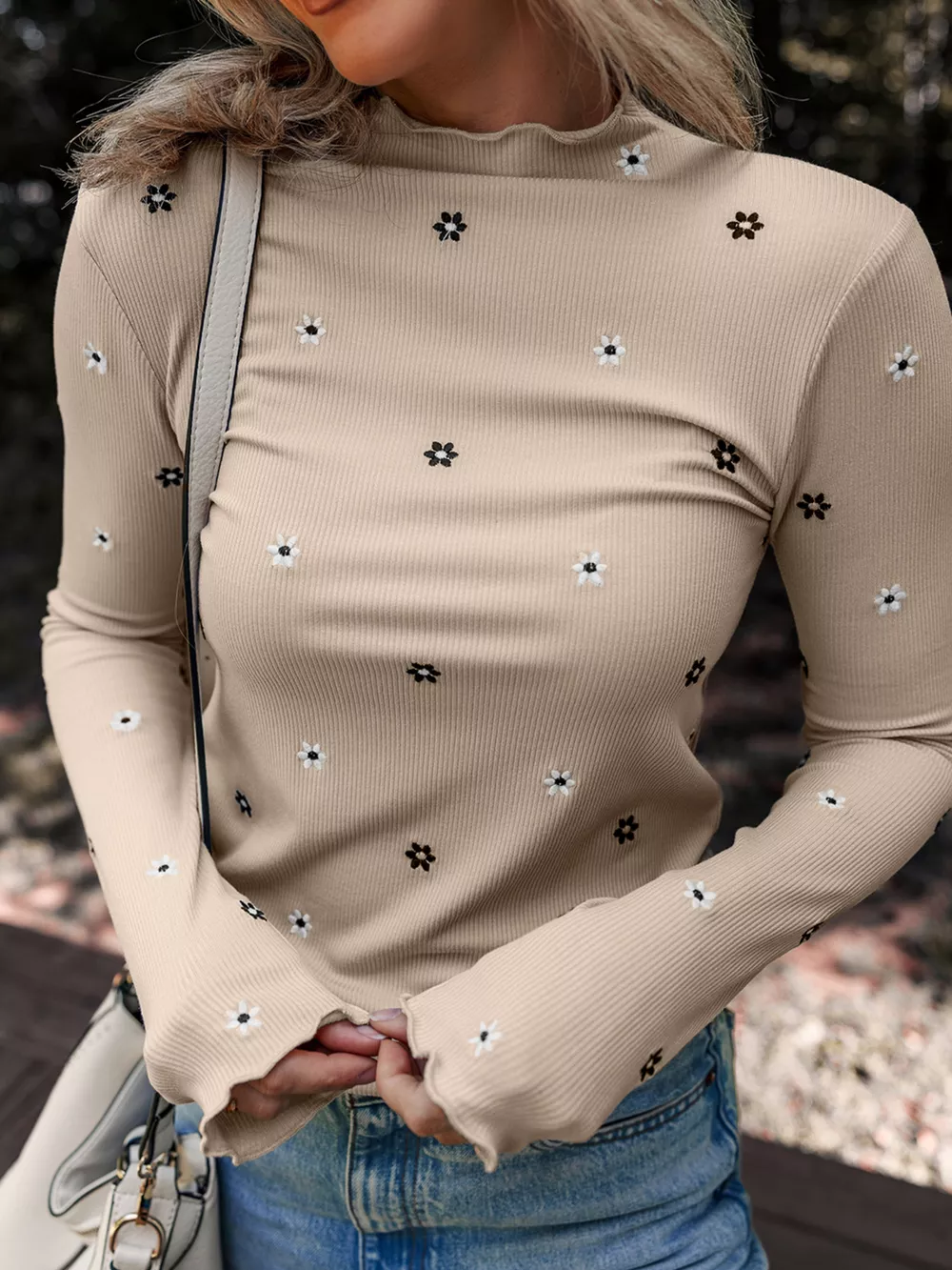 Floral Embroidered Detail Ribbed Long Sleeve Top, image 4
