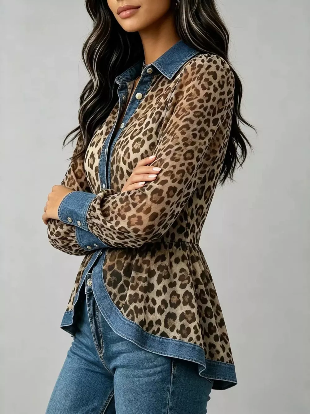 Full Size Leopard Print Blouse with Denim Contrast Trim Plus Size, image 3