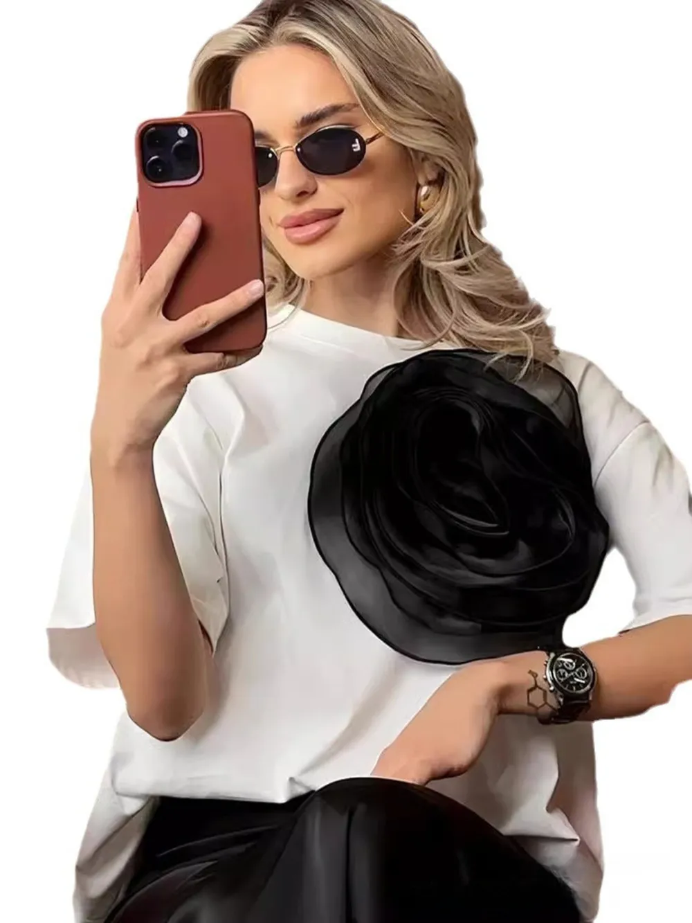Flower Round Neck Short Sleeve T-Shirt, image 11