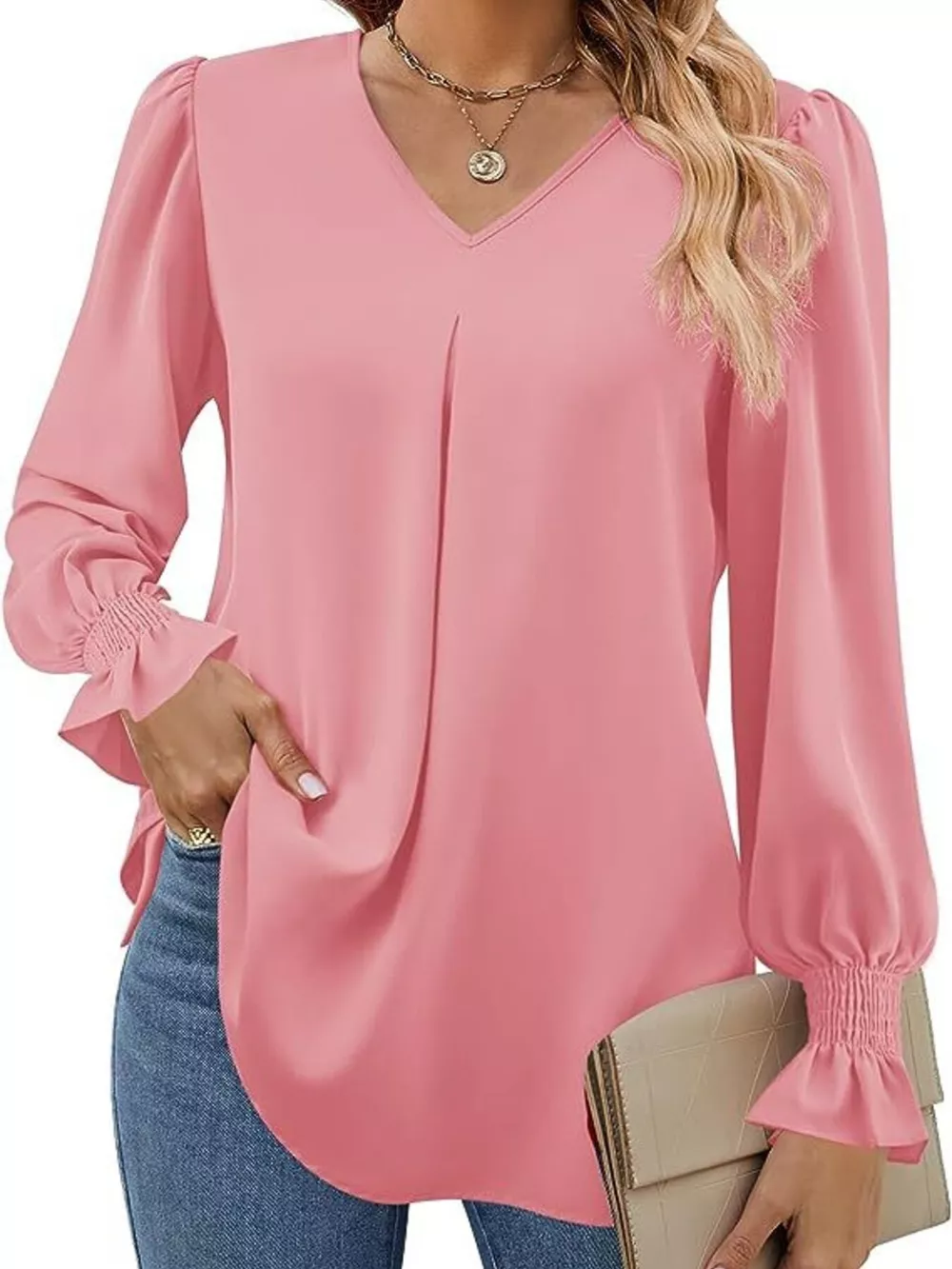 V-Neck Long Sleeve Ruffle Cuff Blouse, image 7