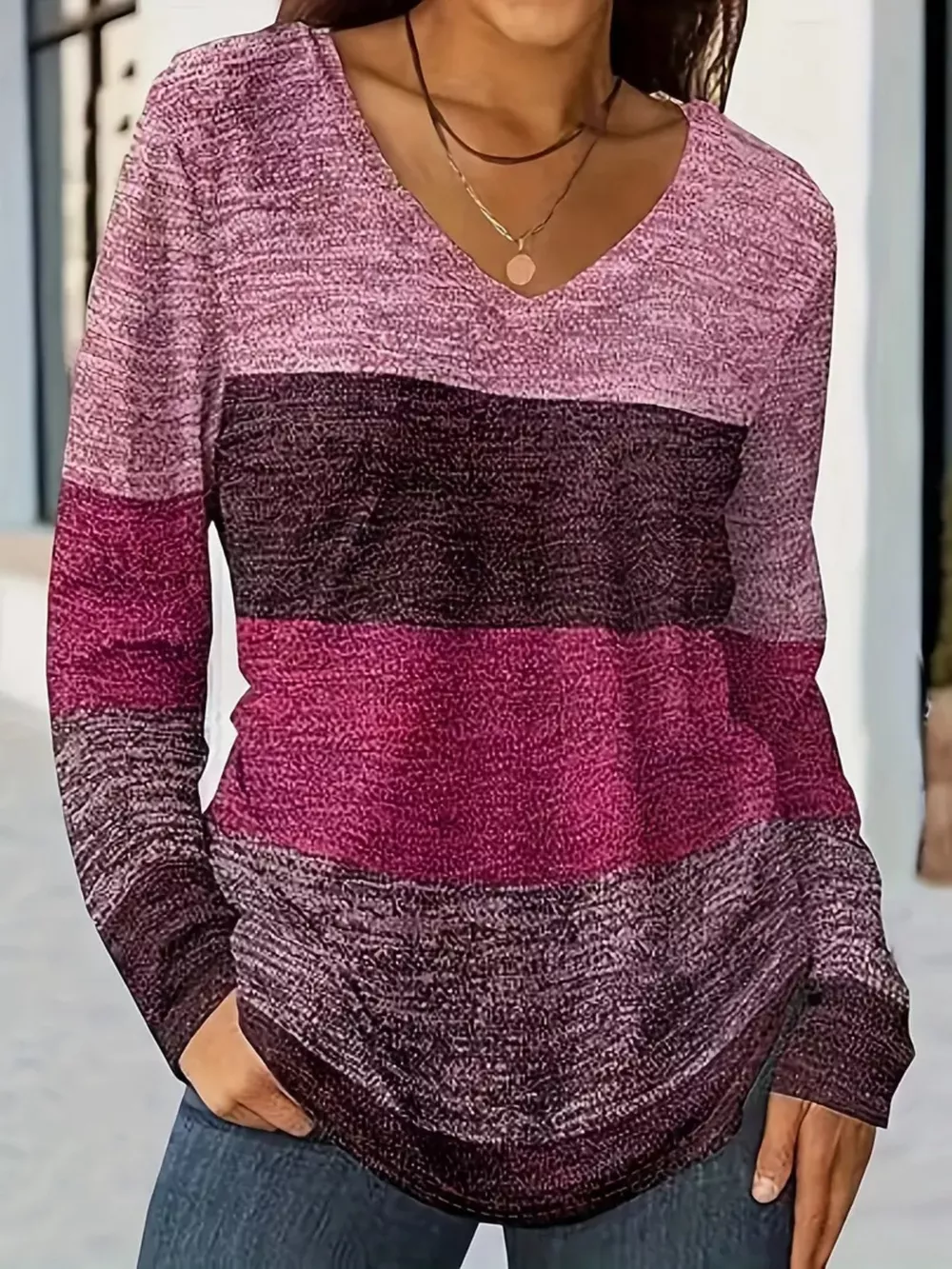 V-Neck Color Block Long Sleeve Casual T-Shirt, image 3