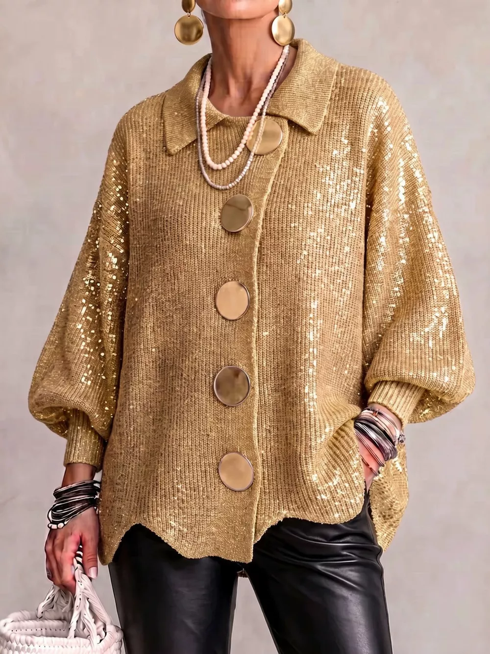 Full Size Collared Wavy Hem Knit Cardigan with Metal Button Plus Size