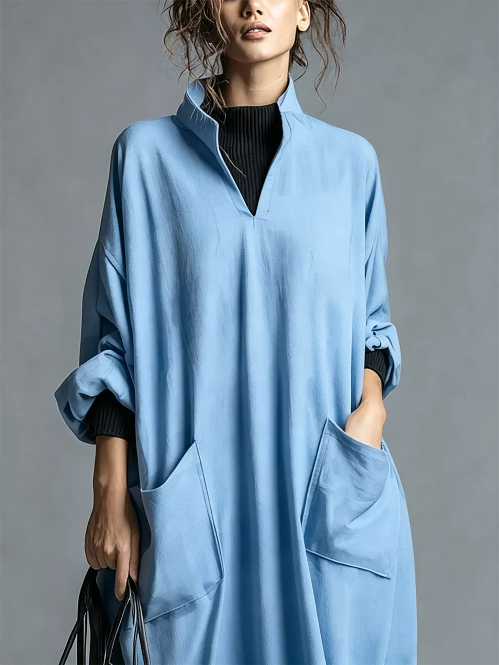 Full Size Loose-Fit Mock Neck Midi Dress with Pockets Plus Size, image 18
