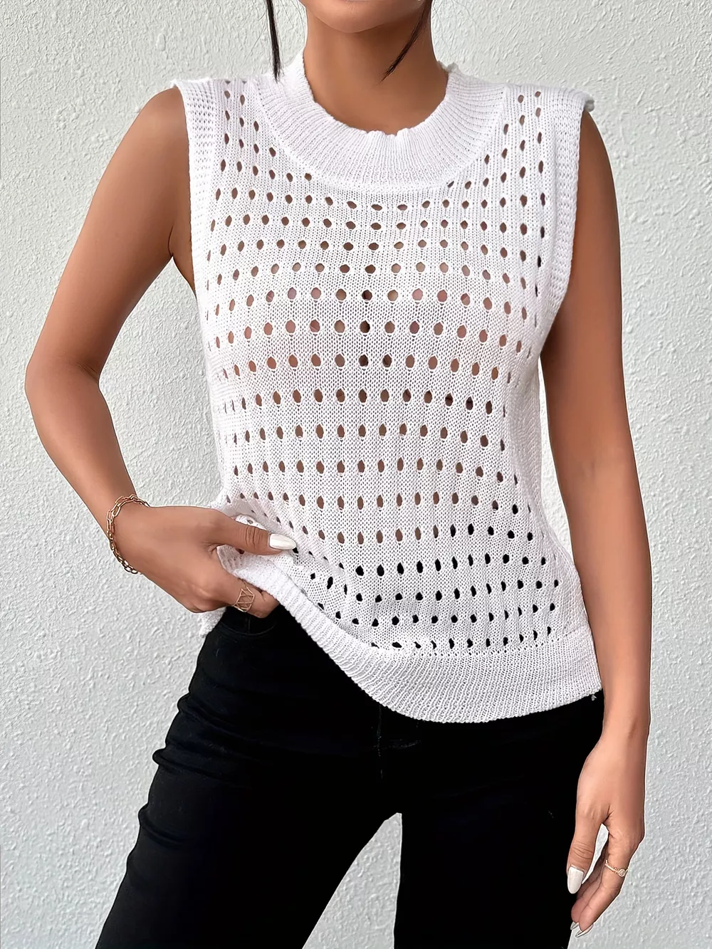 Hollow Out Round Neck Knit Tank, image 2
