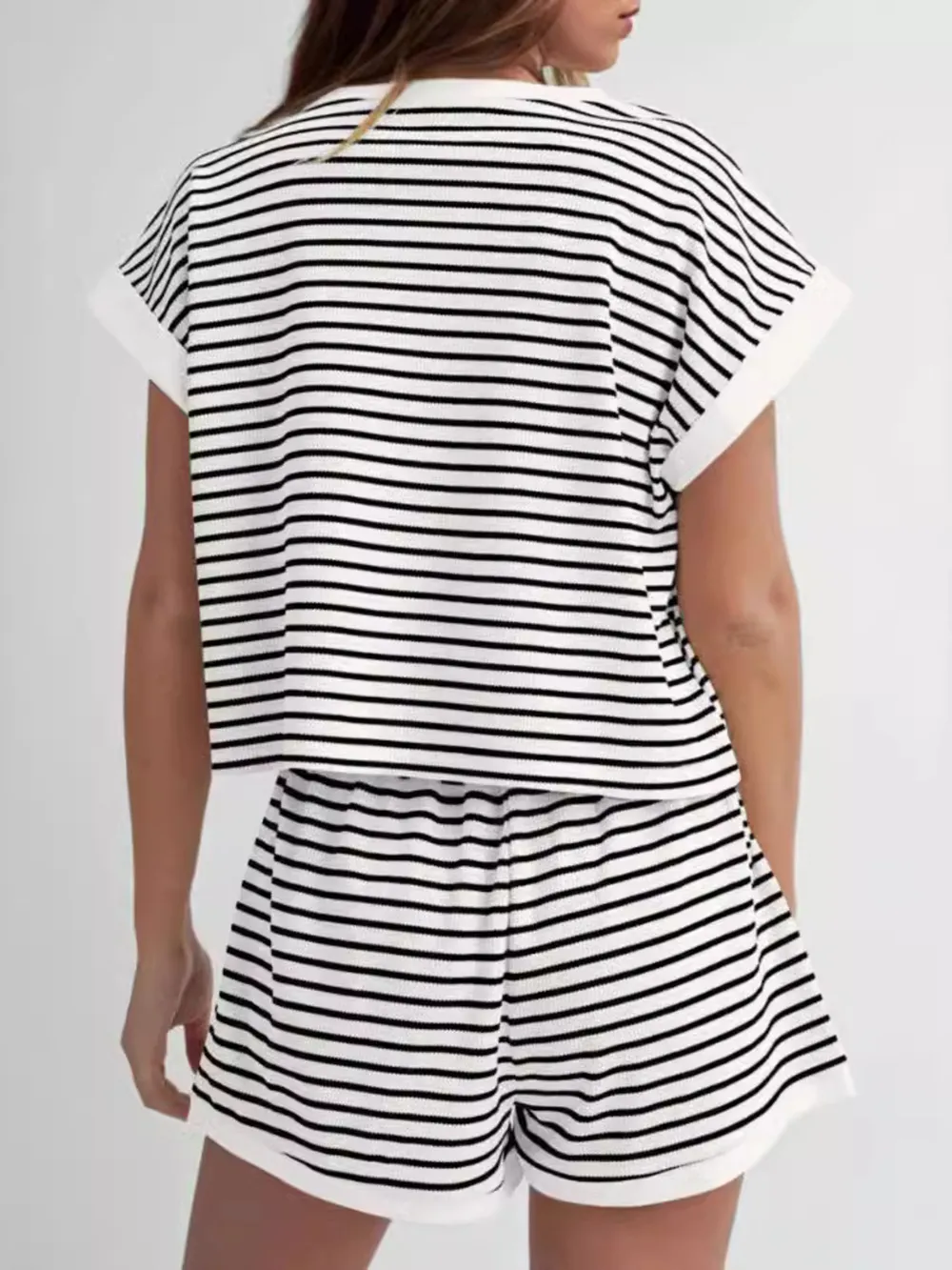 Full Size Contrast Striped T-Shirt and Shorts Set Plus Size, image 2