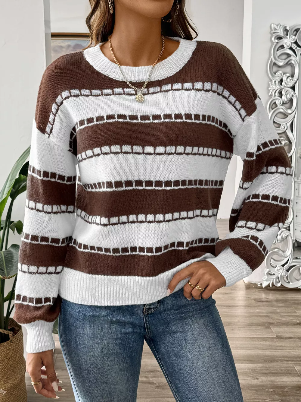 Striped Knit Dropped Shoulder Sweater, image 6