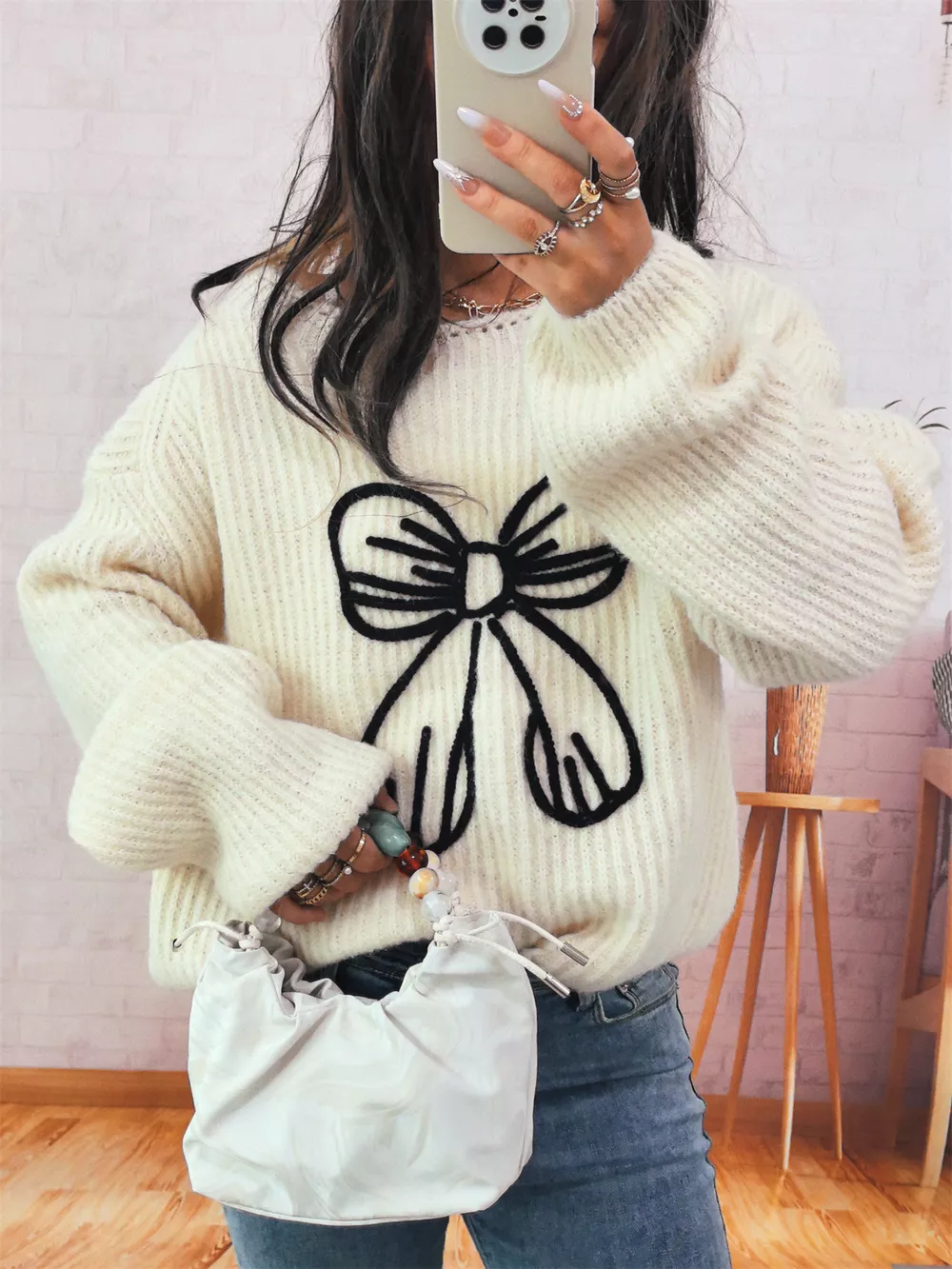 Bow Round Neck Long Sleeve Sweater, image 7