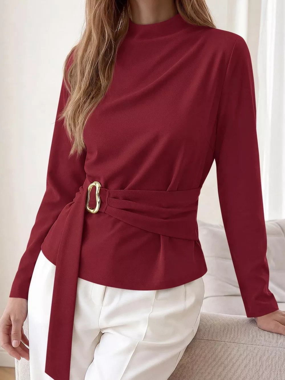 Mock Neck Blouse with Waist-Defining Metal Buckle Detail, image 8