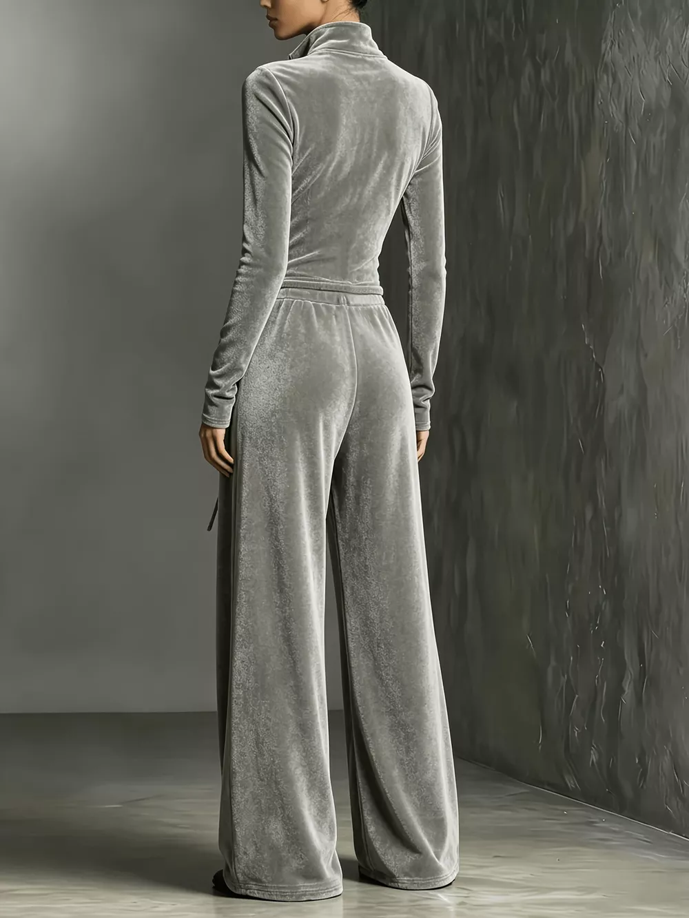 Velour Zip-Front Long Sleeve Wide-Leg Jumpsuit, image 3