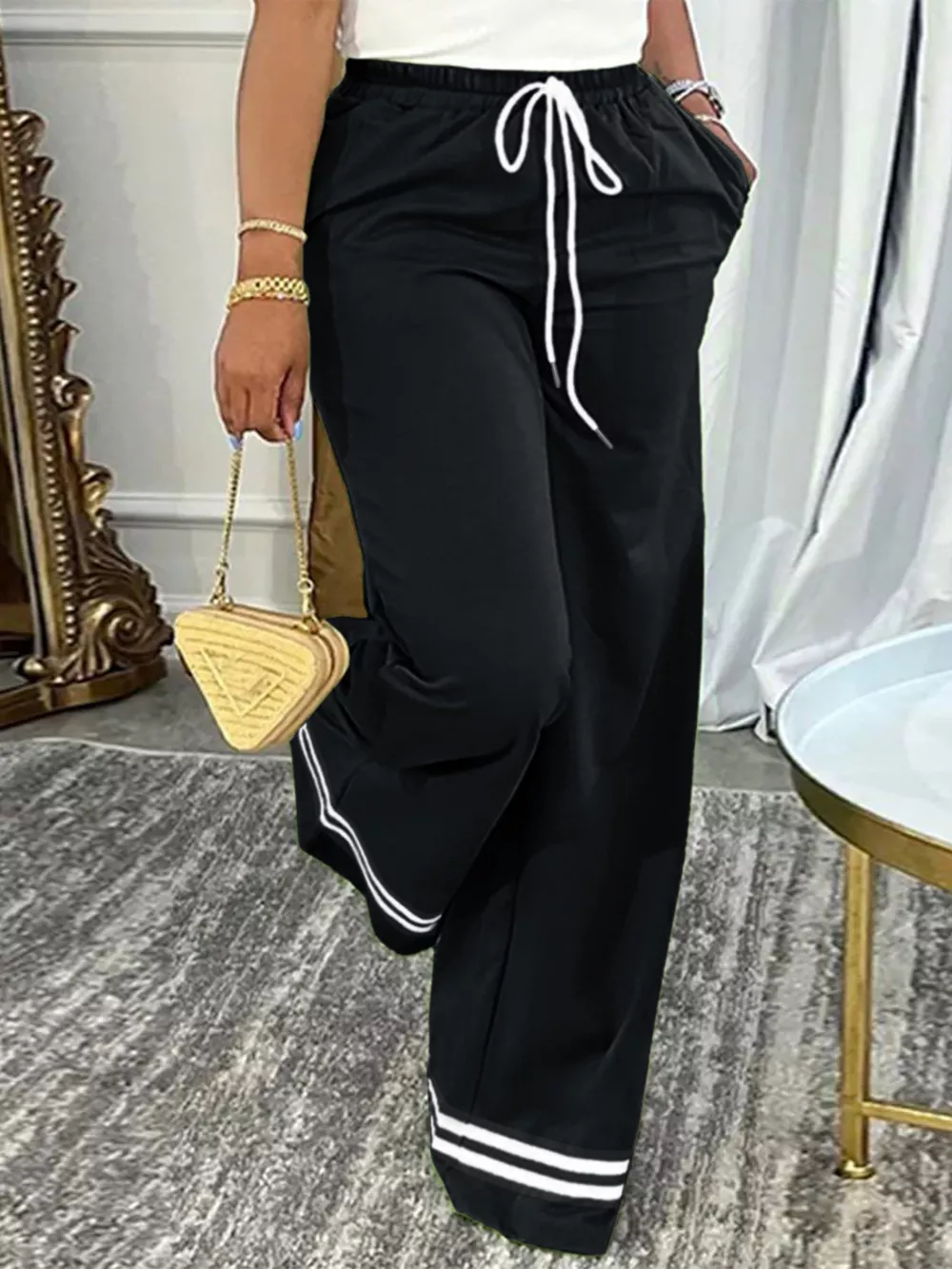 Wide-Leg Drawstring Pants with Striped Hem, image 3