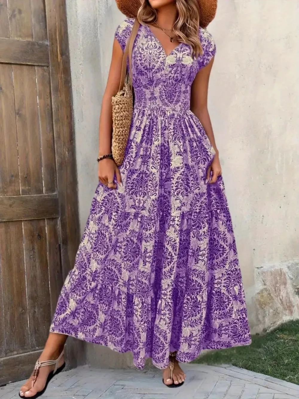 Printed Cap Sleeve Maxi Dress, image 10