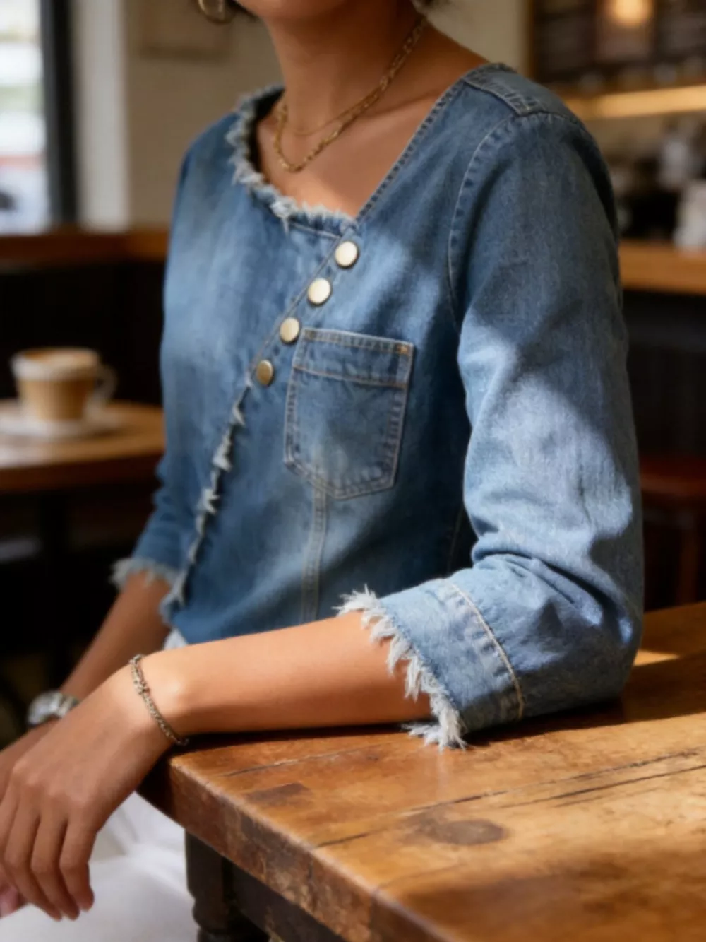 Asymmetric Raw-Edge Button-Detail Denim Top, image 2