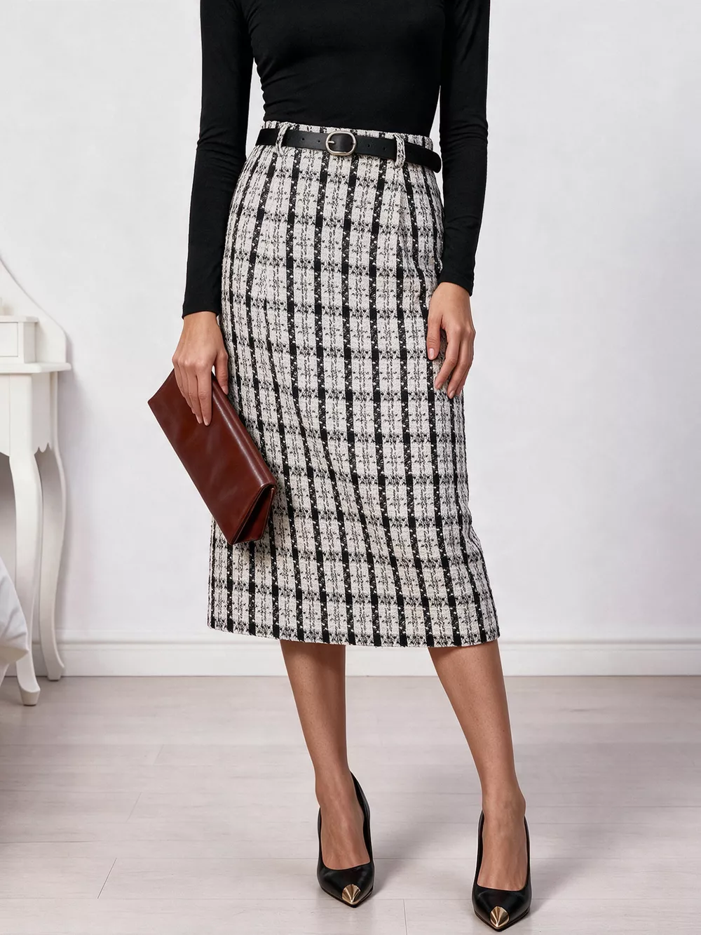 High-Waisted Tweed Plaid Midi Skirt, image 4