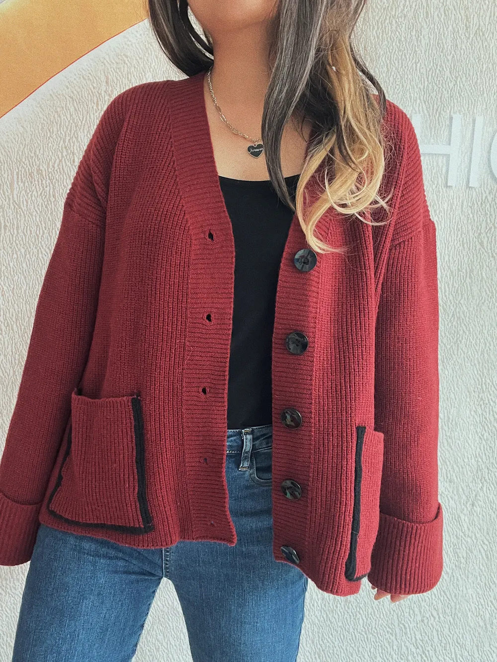 Button-Front Ribbed Cardigan with V-Neck, image 12
