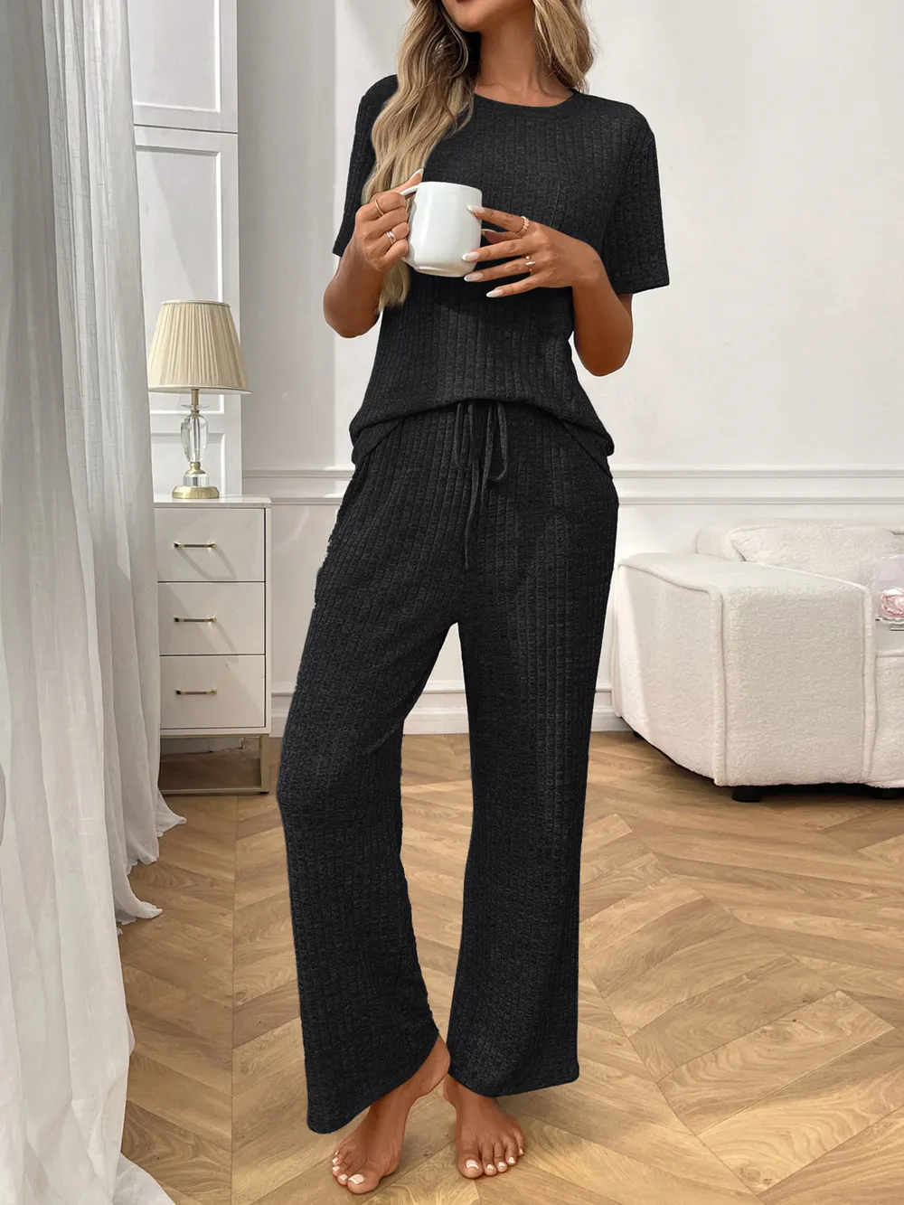 Ribbed Knit Short Sleeve Top and Pants Lounge Set, image 7
