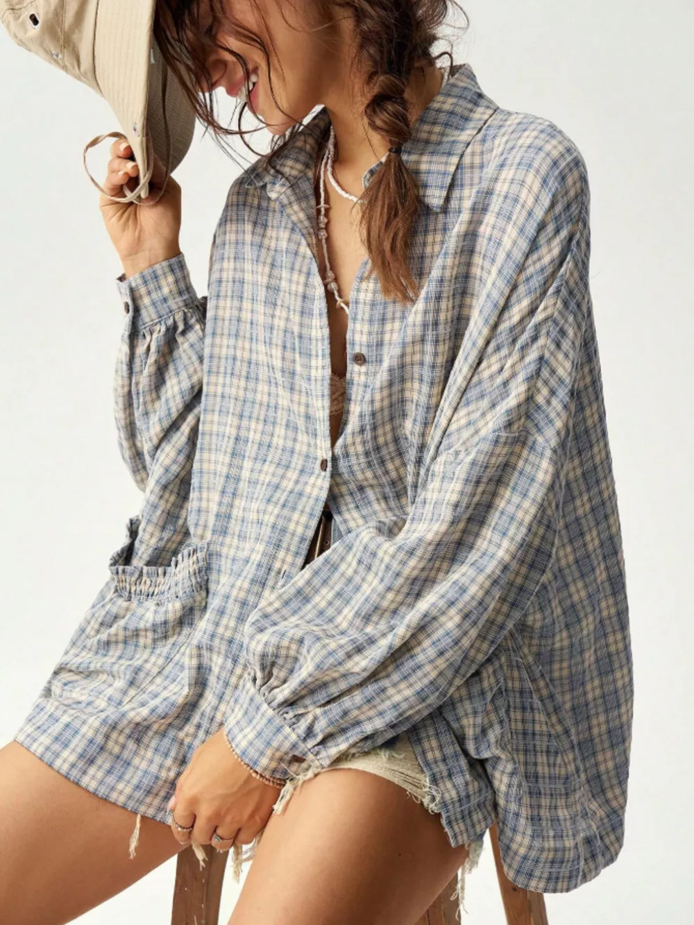 Oversized Plaid Button-Down Shirt, image 2