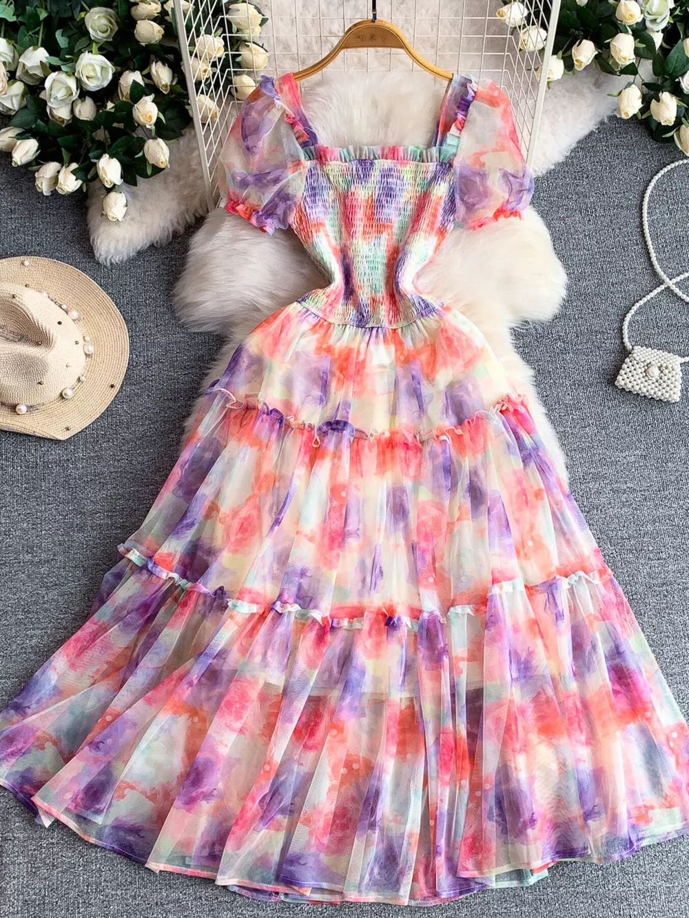 Smocked Floral Tiered Mesh Midi Dress, image 15