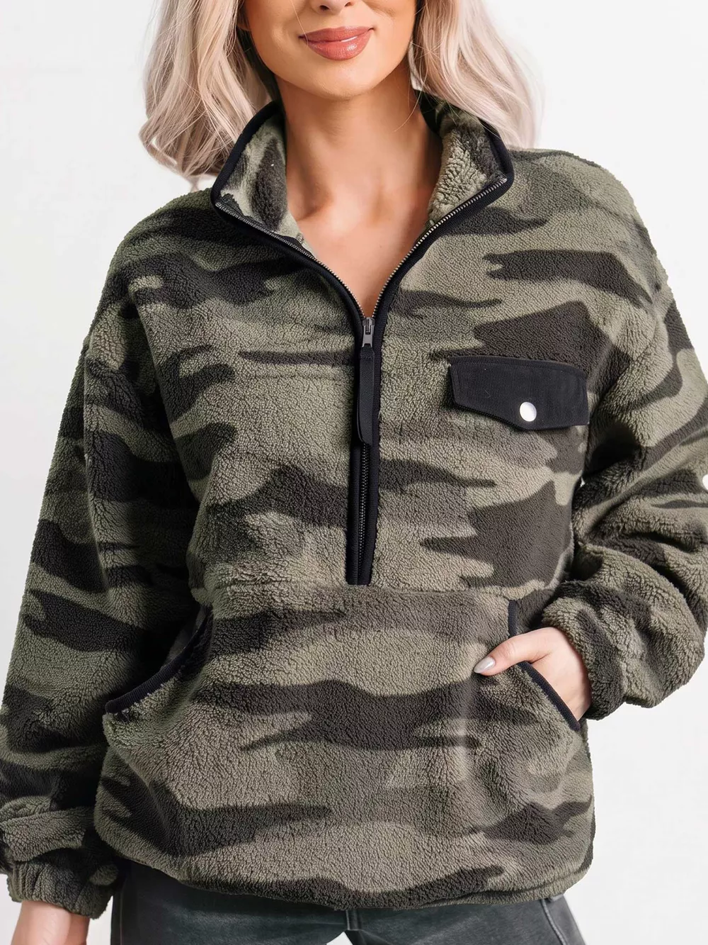 Camouflage Fleece Half Zip-Up Long Sleeve Pocket Sweatshirt