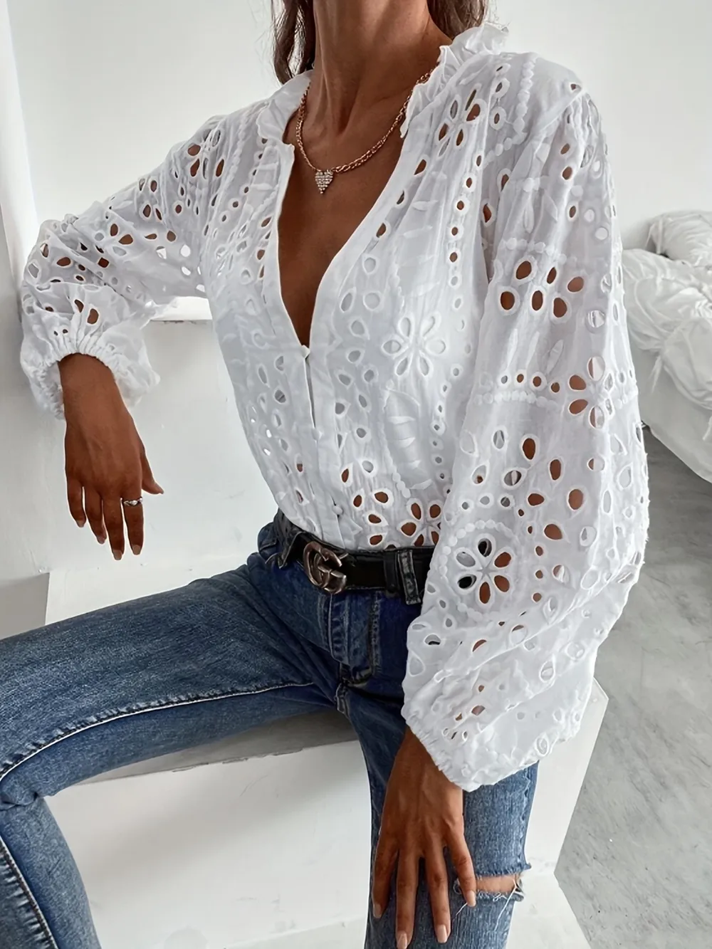 Eyelet Embroidered Button Front Shirt with Puffed Sleeves, image 5