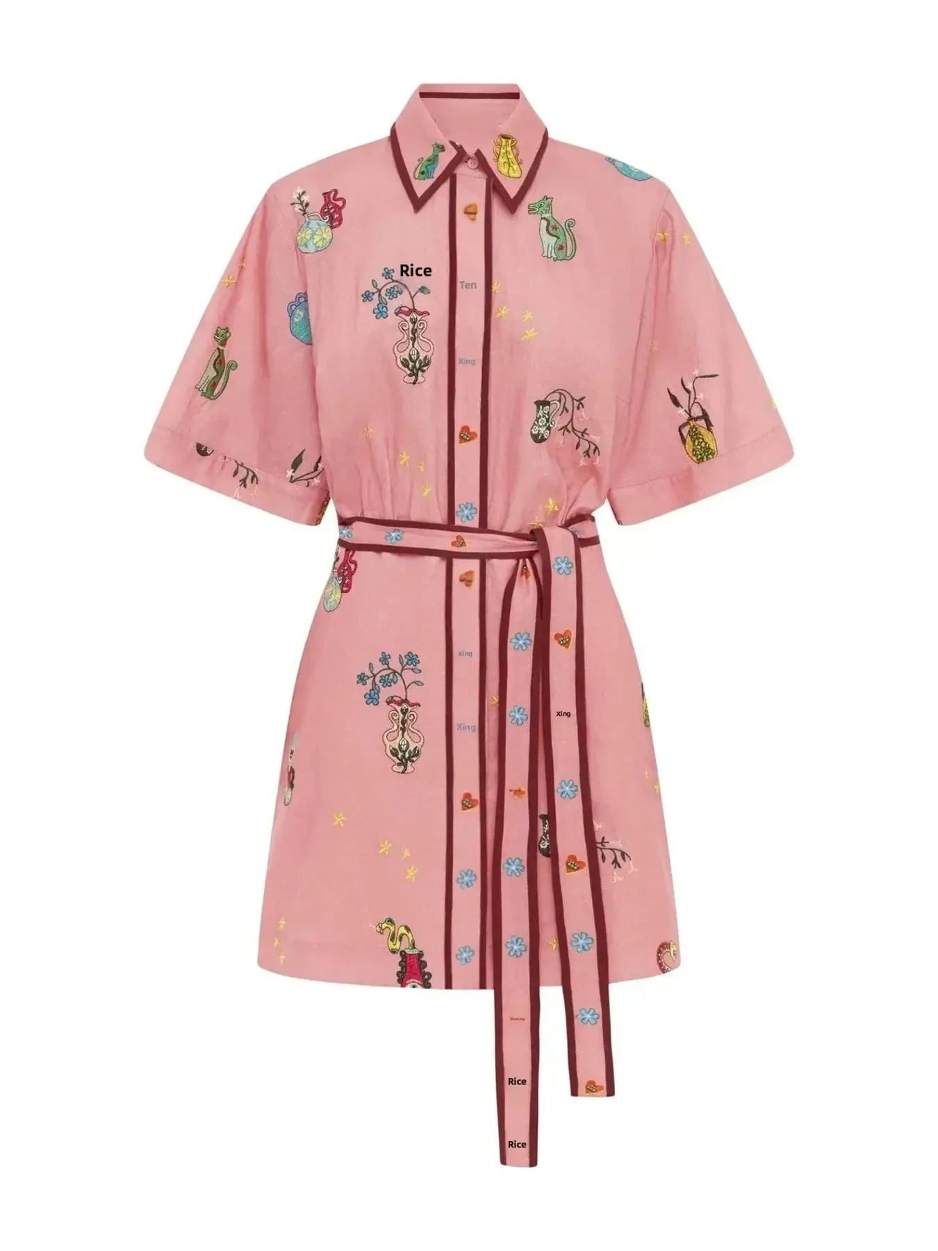 Embroidered Tie Waist Shirt Dress, image 4