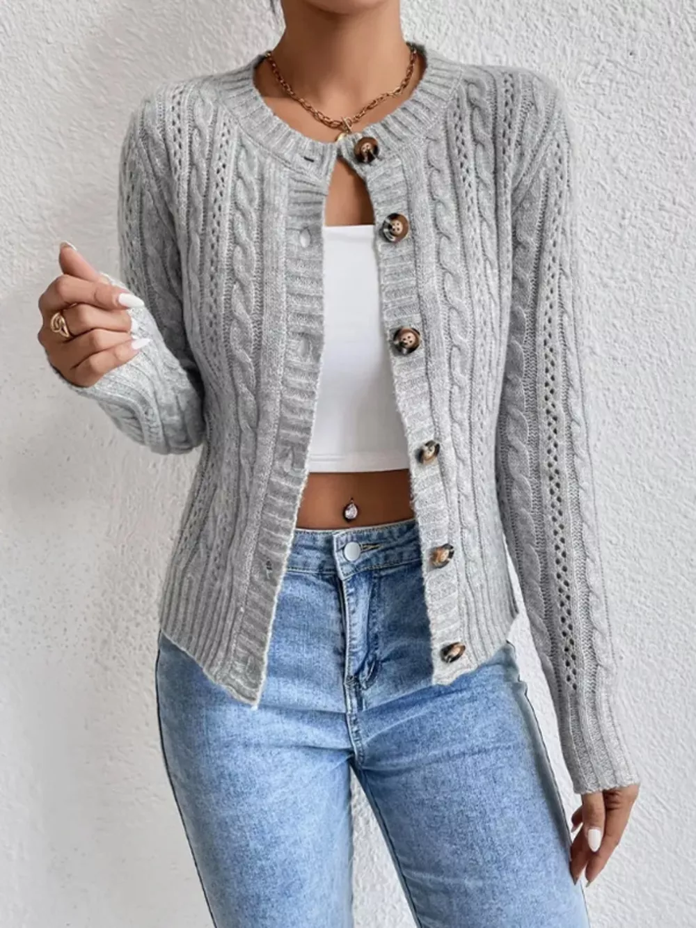 Cable Knit Button-Up Cardigan, image 5