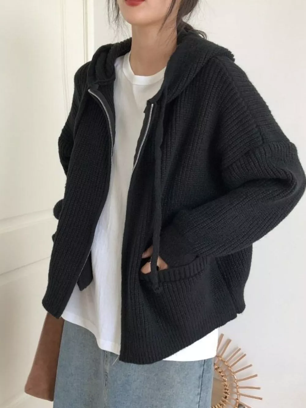 Casual Knitted Zip-Up Hooded Cardigan, image 4