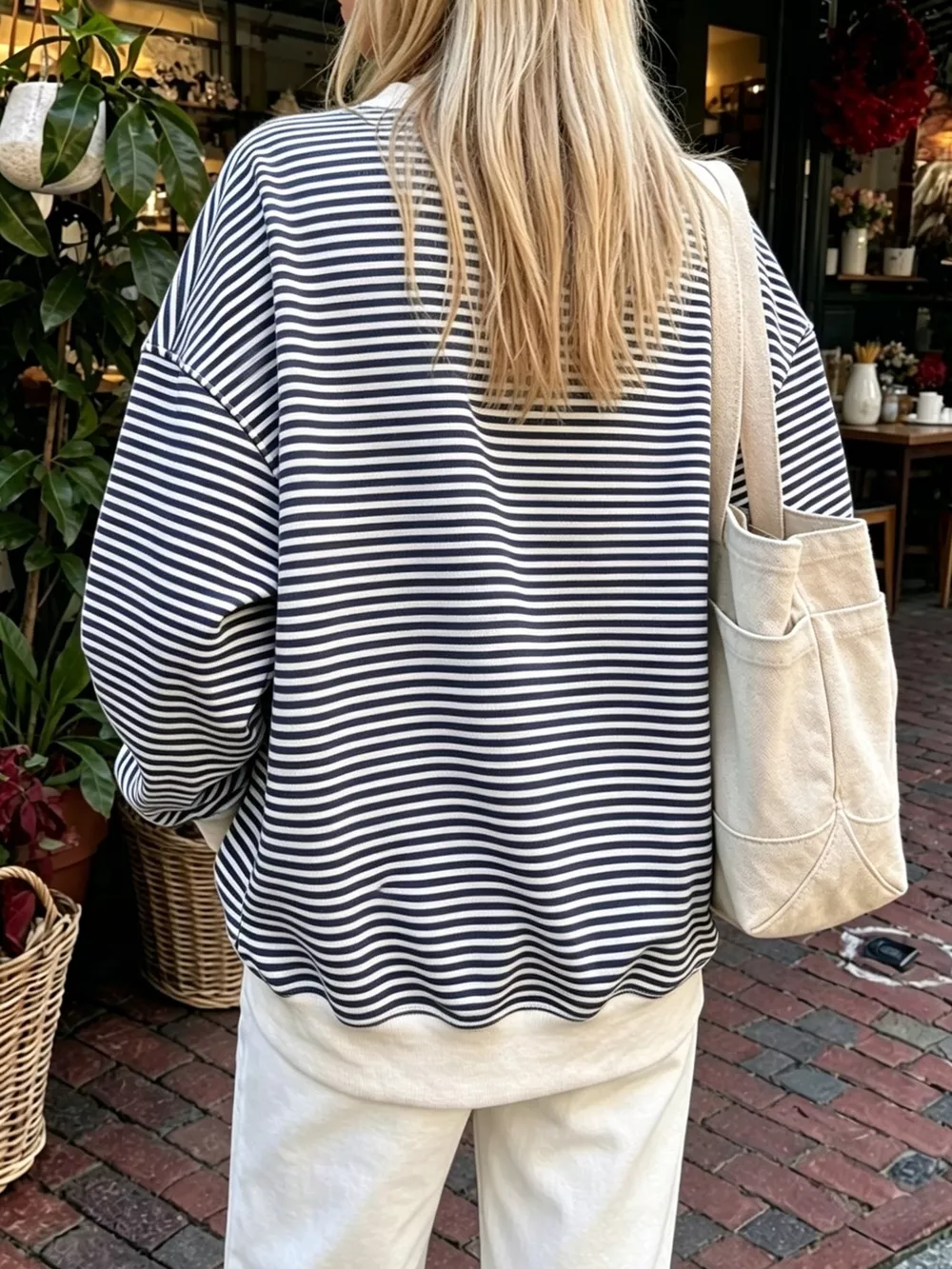 Oversized Striped Crew Neck Sweatshirt, image 3