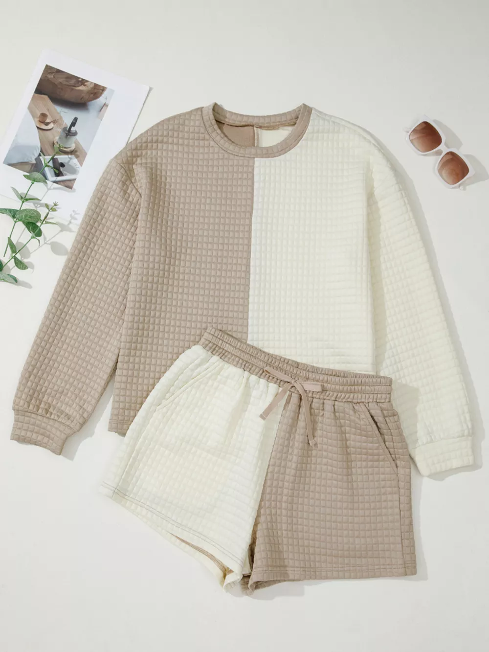 Color Block Patchwork Textured Long Sleeve Top and Short Lounge Set, image 5