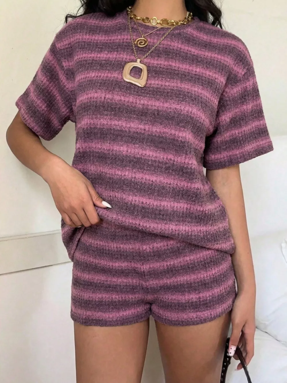 Striped Textured Knit Top and Shorts Set, image 12