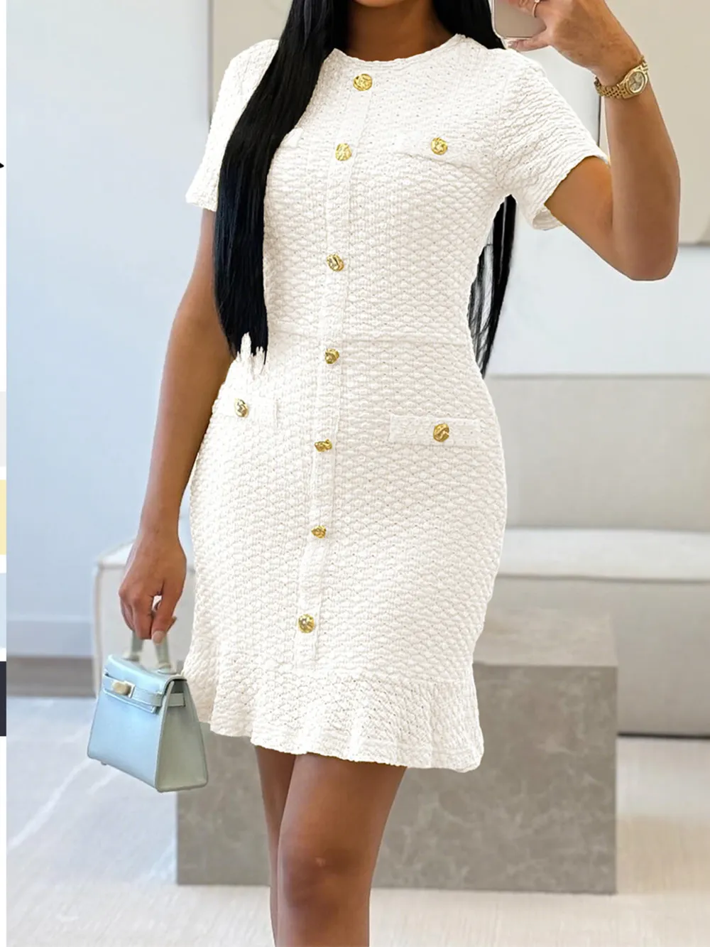 Button-Front Short Sleeve Textured Dress, image 7