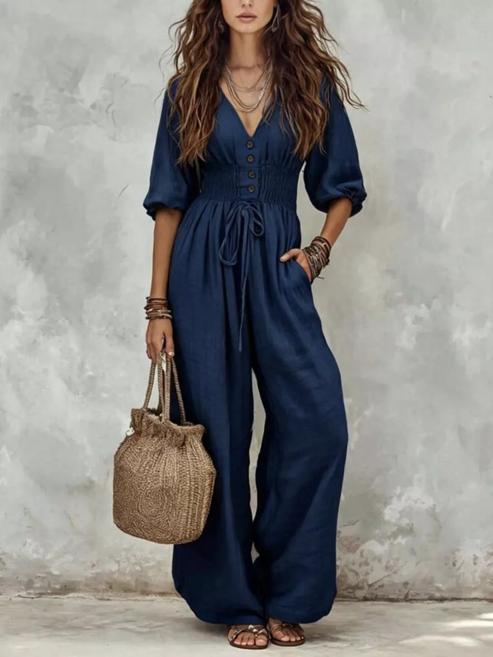 V-Neck Smocked Waist Wide-Leg Jumpsuit, image 2