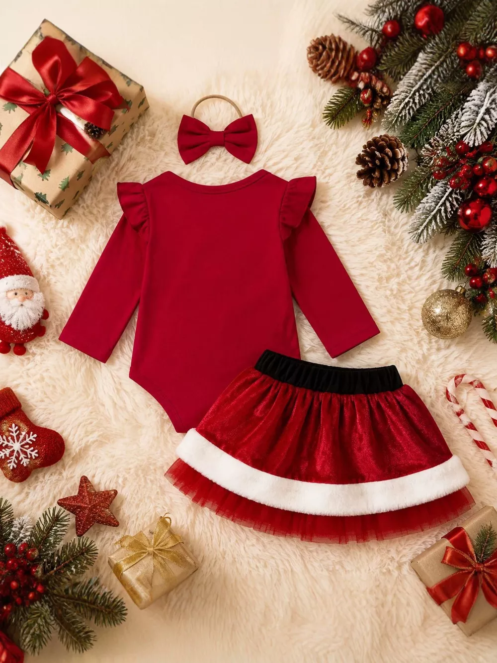 Children's Christmas Long Sleeve Bodysuit and Skirt Set with Bow Headband, image 4