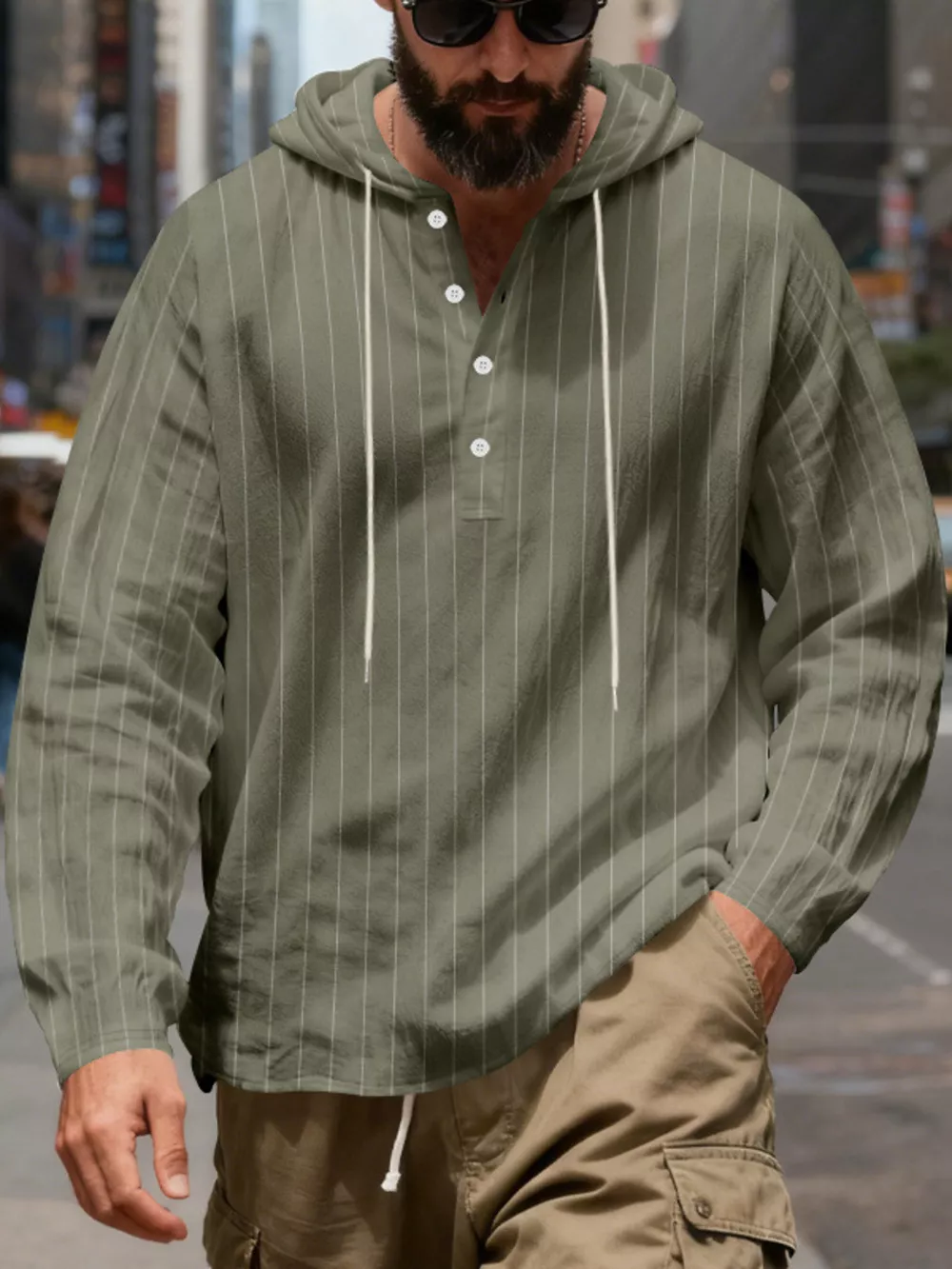 Men's Full Size Casual Striped Henley Hoodie with Drawstring Plus Size, image 5
