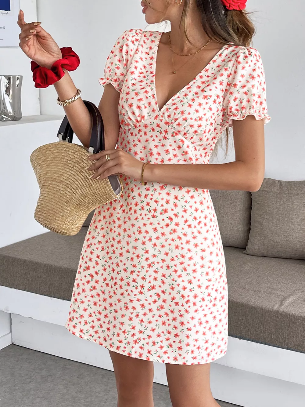Floral Print V-Neck Puff Sleeve Mini Dress, image 5