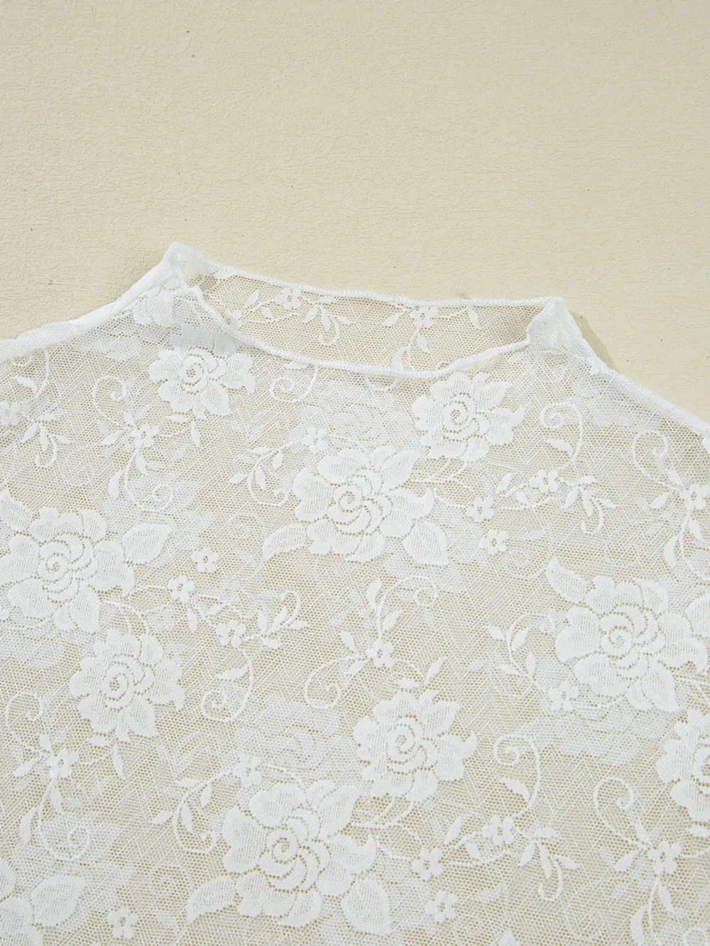 Sheer Floral Lace Mesh Mock Neck Long Sleeve Top, image 8