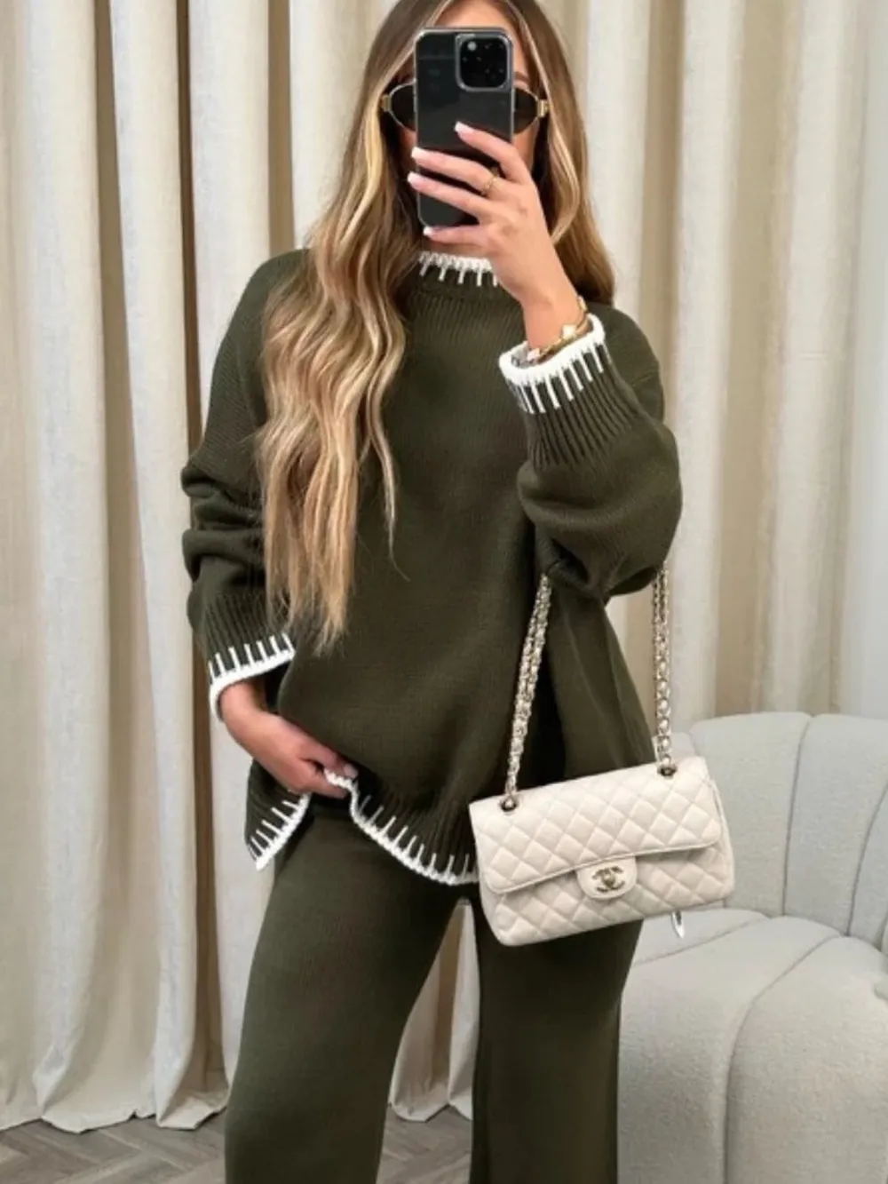Contrast Trim Round Neck Top and Pants Sweater Set, image 10